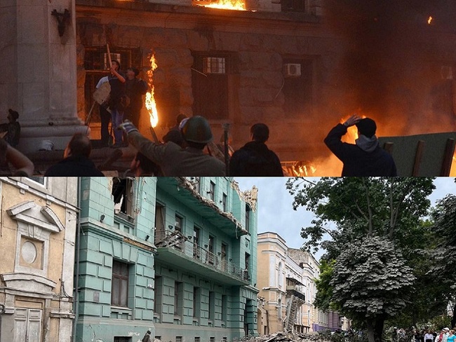 Пожежа в Будинку профспілок та постраждала будівля в Одесі.Фотоколаж: Інтент